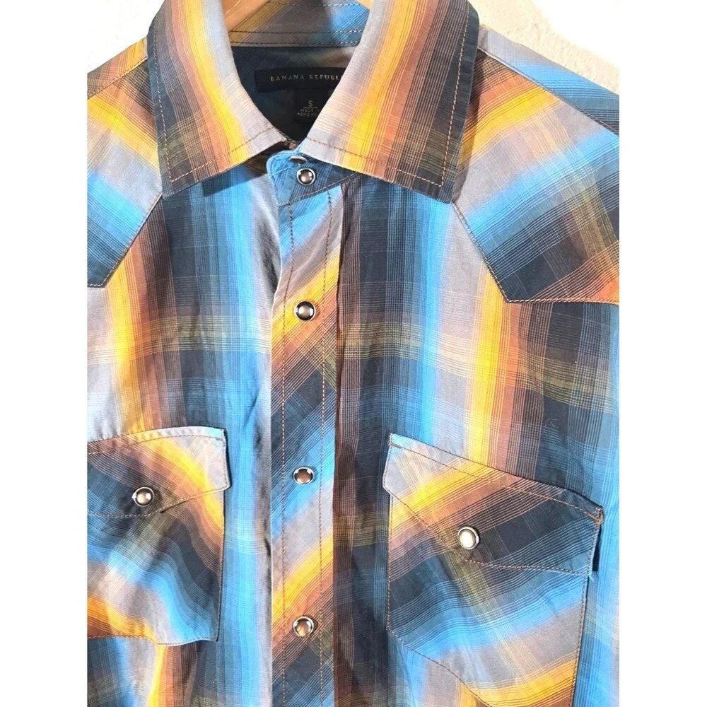 Banana Republic Pearl Snap Western Plaid Shirt Men’s Small Blue Yellow Long